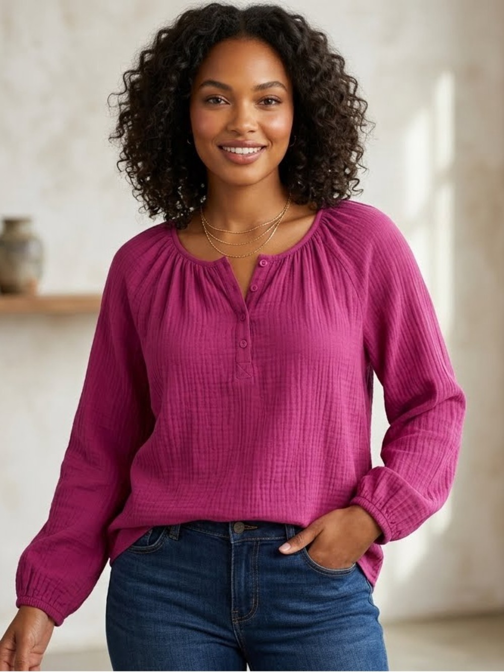 Women's Long-Sleeve Peasant Top in Berry/Fuchsia